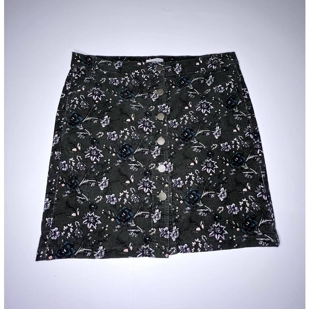 Loft Outlet Corduroy Skirt Mini Length Buttons Charcoal Floral Print Women's 12